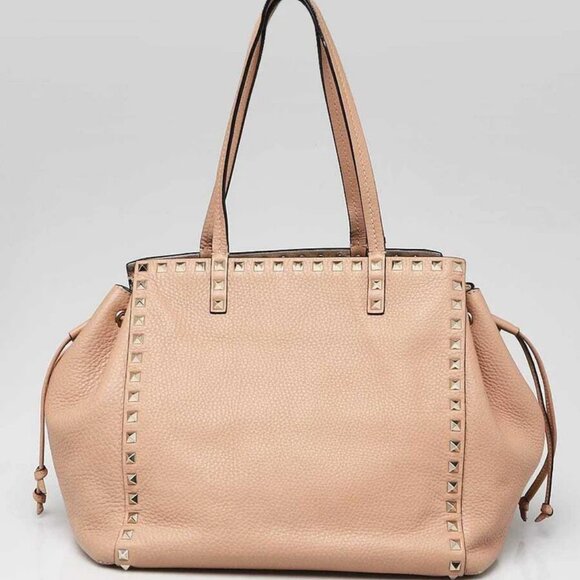 Valentino Beige Pebbled Leather Rockstud Drawstring Tote Bag - Picture 1 of 12